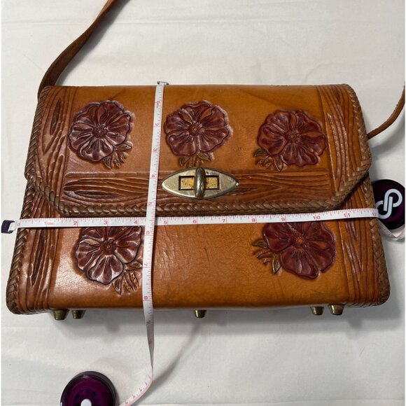 Vintage Southwestern Tooled Leather Shoulder Bag With Floral Design - Picture 6 of 14